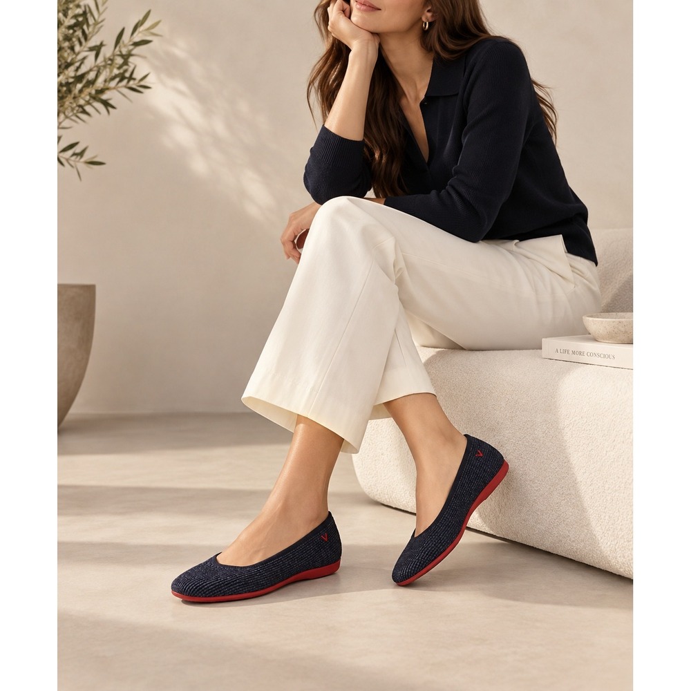 Vivaia Aria 5.0 Navy Blue Red Sole Square Toe Knit Ballet Flats EU 38.5 US 7.5